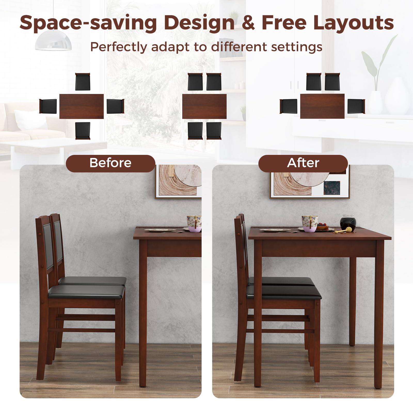 Farmhouse Dining Table Set for 4 with Padded Chairs