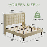 Queen Bed Frame with Charging Station, Upholstered Platform Bed Frame with Wingback