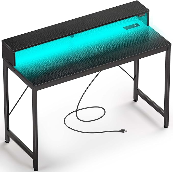 Computer Desk 47 inch with LED Lights & Power Outlets, Home Office Desk