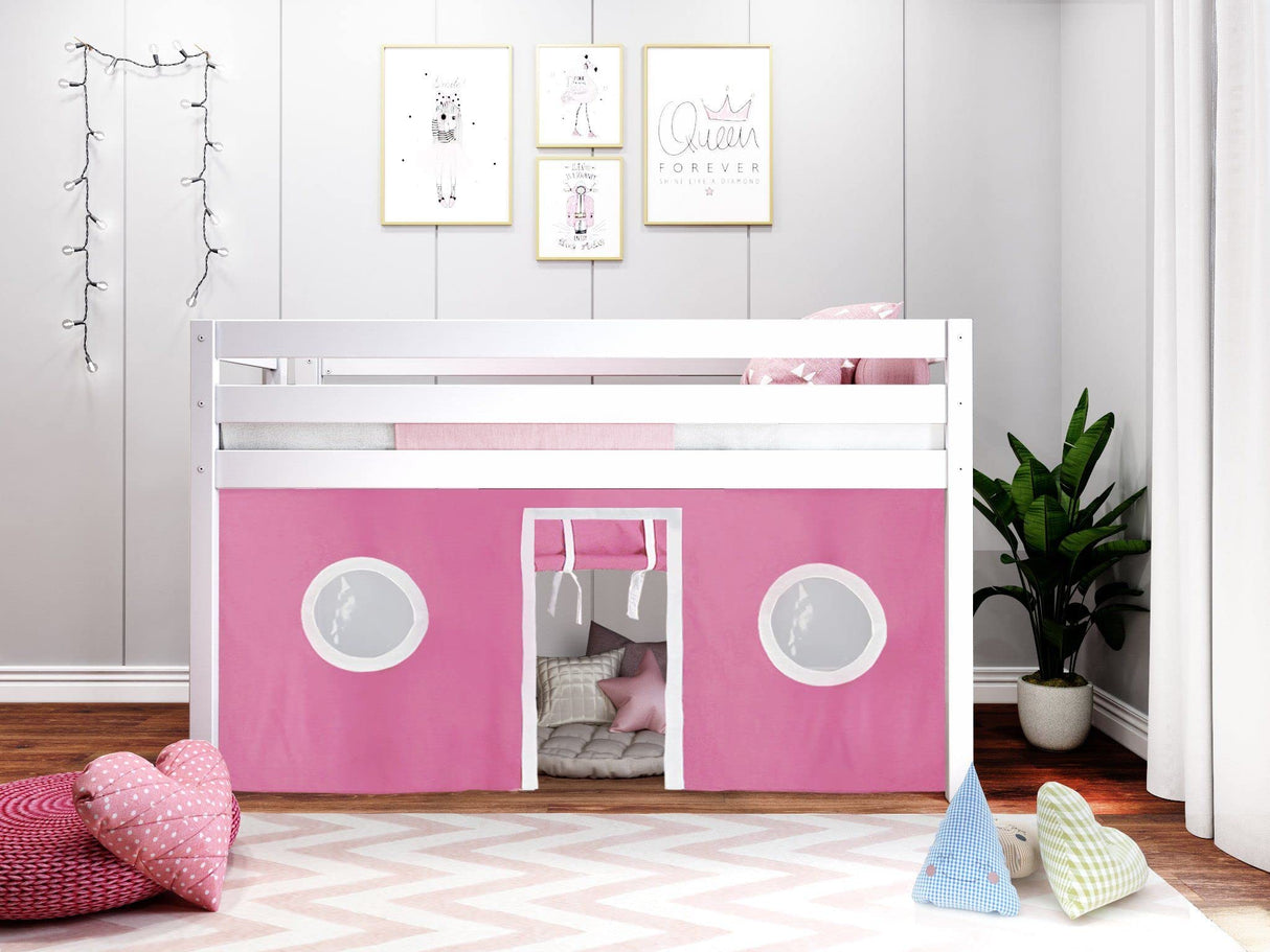 Contemporary Low Loft Twin Bed with End Ladder, White with Pink & White Tent