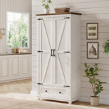 LUXOAK Farmhouse Kitchen Pantry Cabinet, 72" Tall Storage Cabinet with Adjustable Shelves & Barn Doors, Freestanding Kitchen Cupboard for Dining Room, Living Room, Barnwood+White