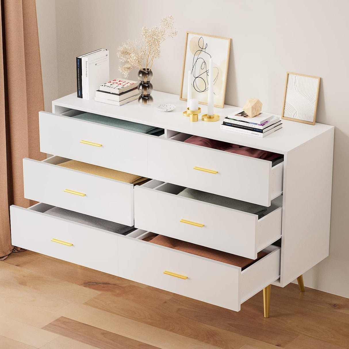 White Dresser for Bedroom, 6 Drawer Wooden Double Dresser with Gold Handles