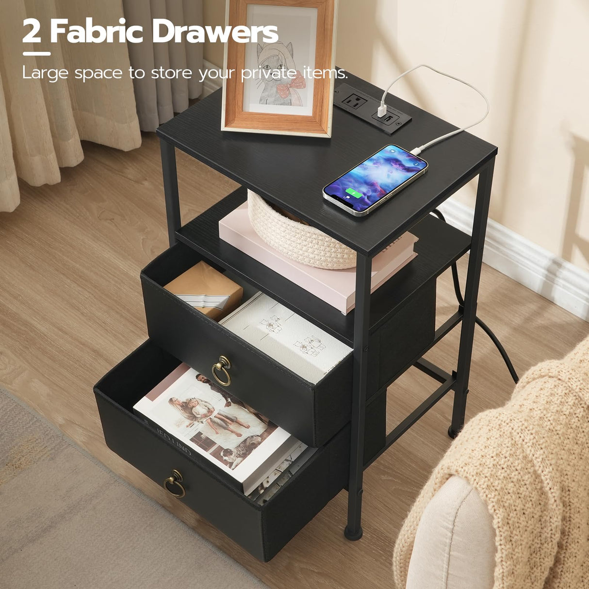 HOOBRO Nightstand with Charging Station, End Table with USB and Outlets, Small Night Stand with Fabric Drawers for Bedroom, Small Spaces, Black BB110UBZ01