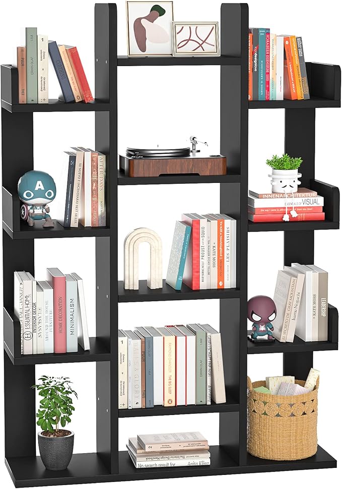 Bookshelf, Tree-Shaped Bookcase Storage Shelf with 13 compartments, Books Organizer Display Cube Shelves, Industrial Free Floor Standing Wood Open Bookshelves for Home