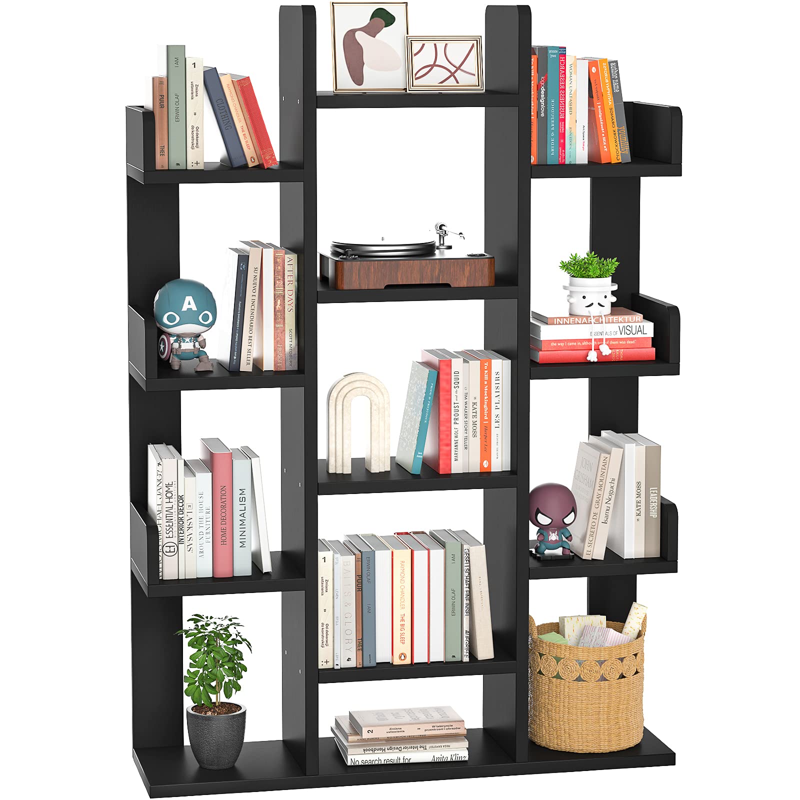 Tree-Shaped Bookcase Storage Shelf with 13 compartments, Books Organizer Display Cube Shelves, Industrial Free Floor Standing Wood Open Bookshelves, Black