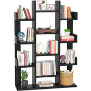 Tree-Shaped Bookcase Storage Shelf with 13 compartments, Books Organizer Display Cube Shelves, Industrial Free Floor Standing Wood Open Bookshelves, Black