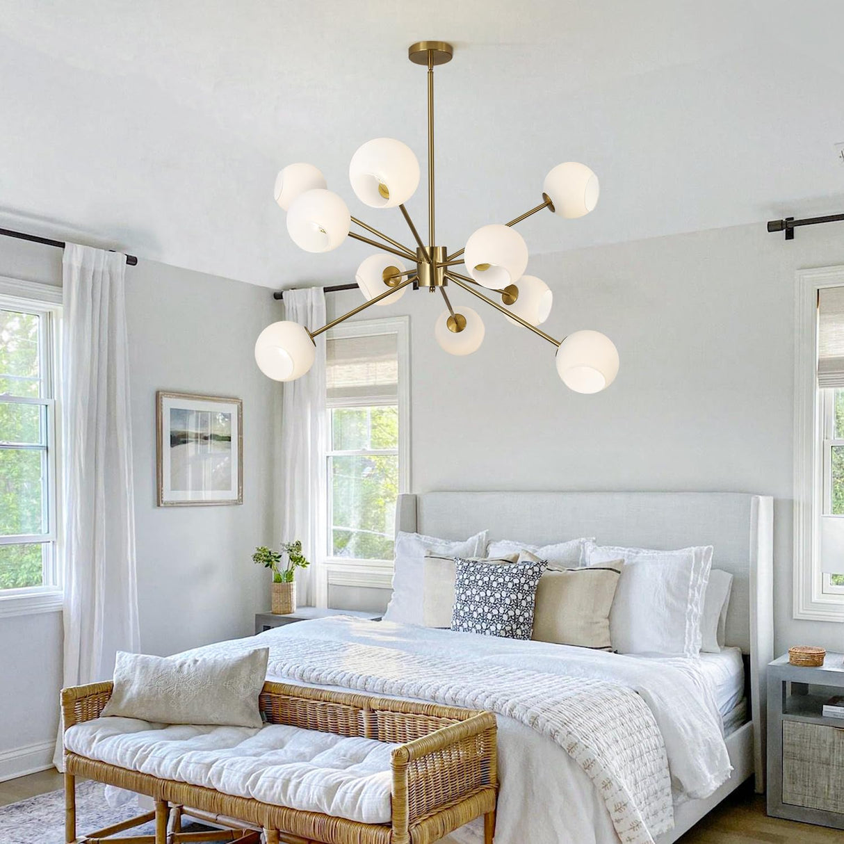 White Milk Glass Hanging Chandelier 10 Lights Mid Century Modern Globe Sputnik