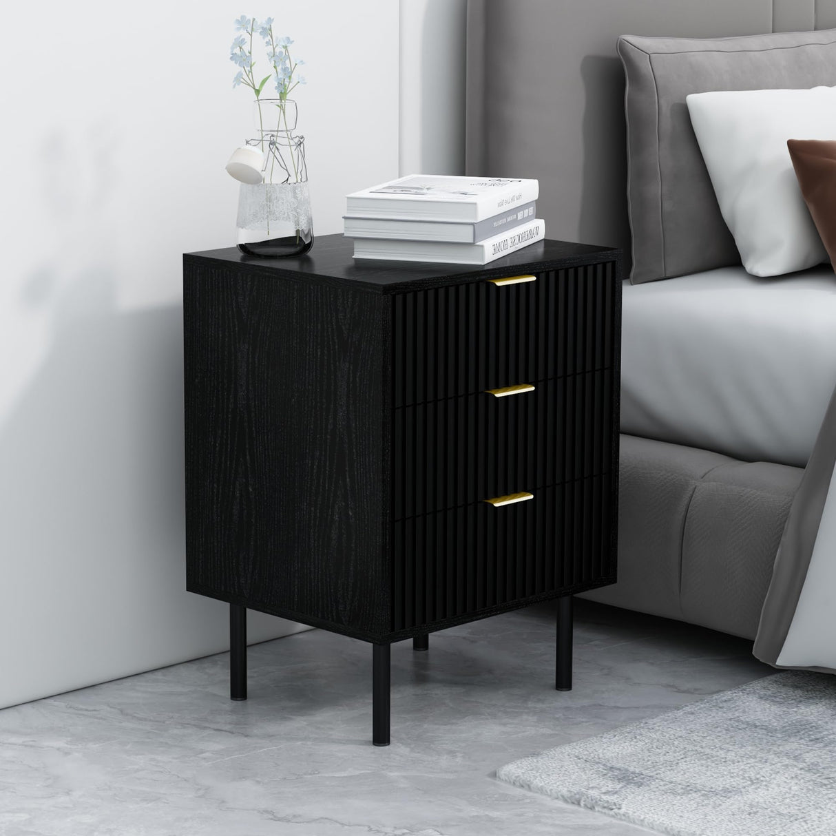 Fluted Black Nightstand 3 Drawers, 19" Small Bedroom 26" Tall Bedside Night Stand, Mid