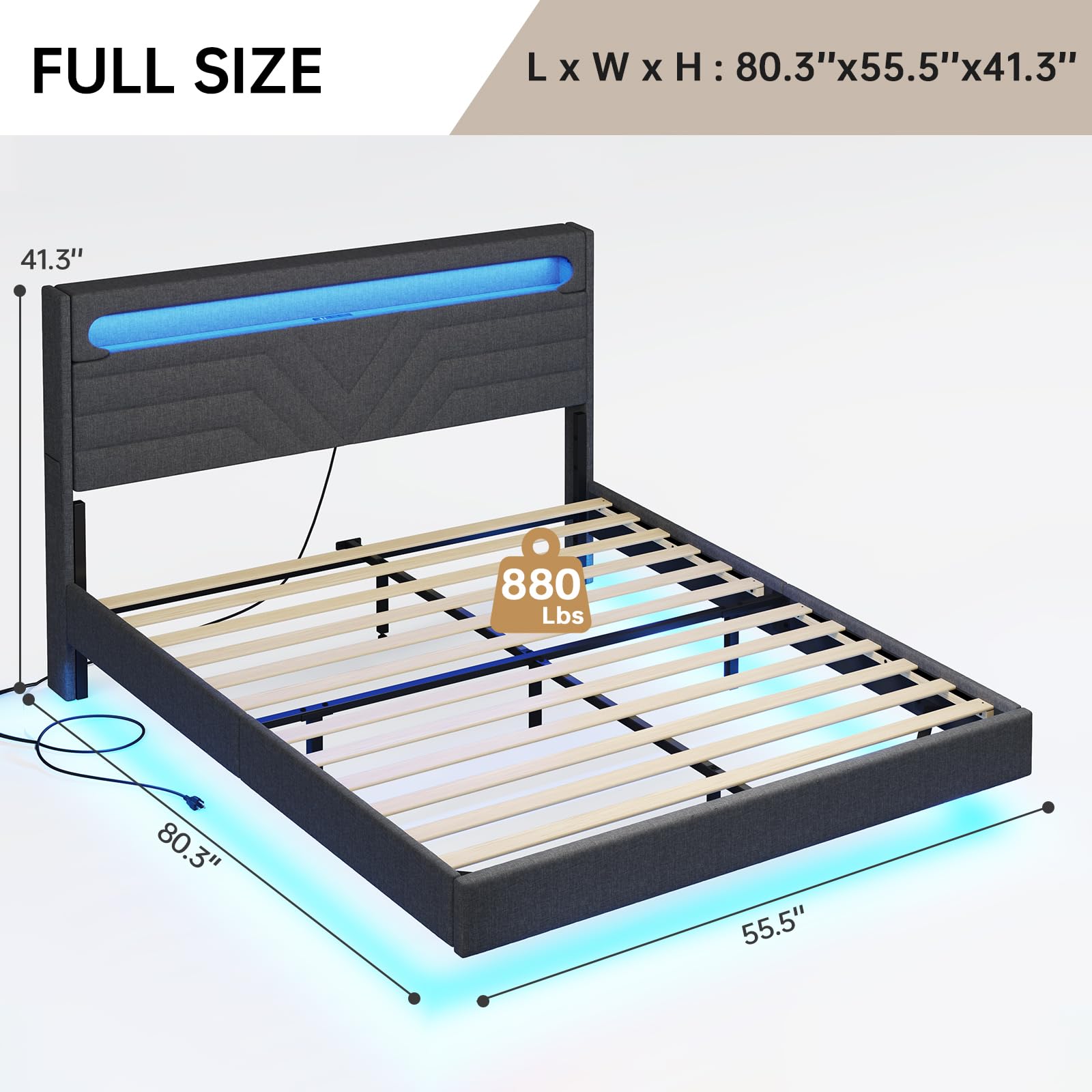 Full Floating Bed Frame with RGB LED Lights & USB Charging