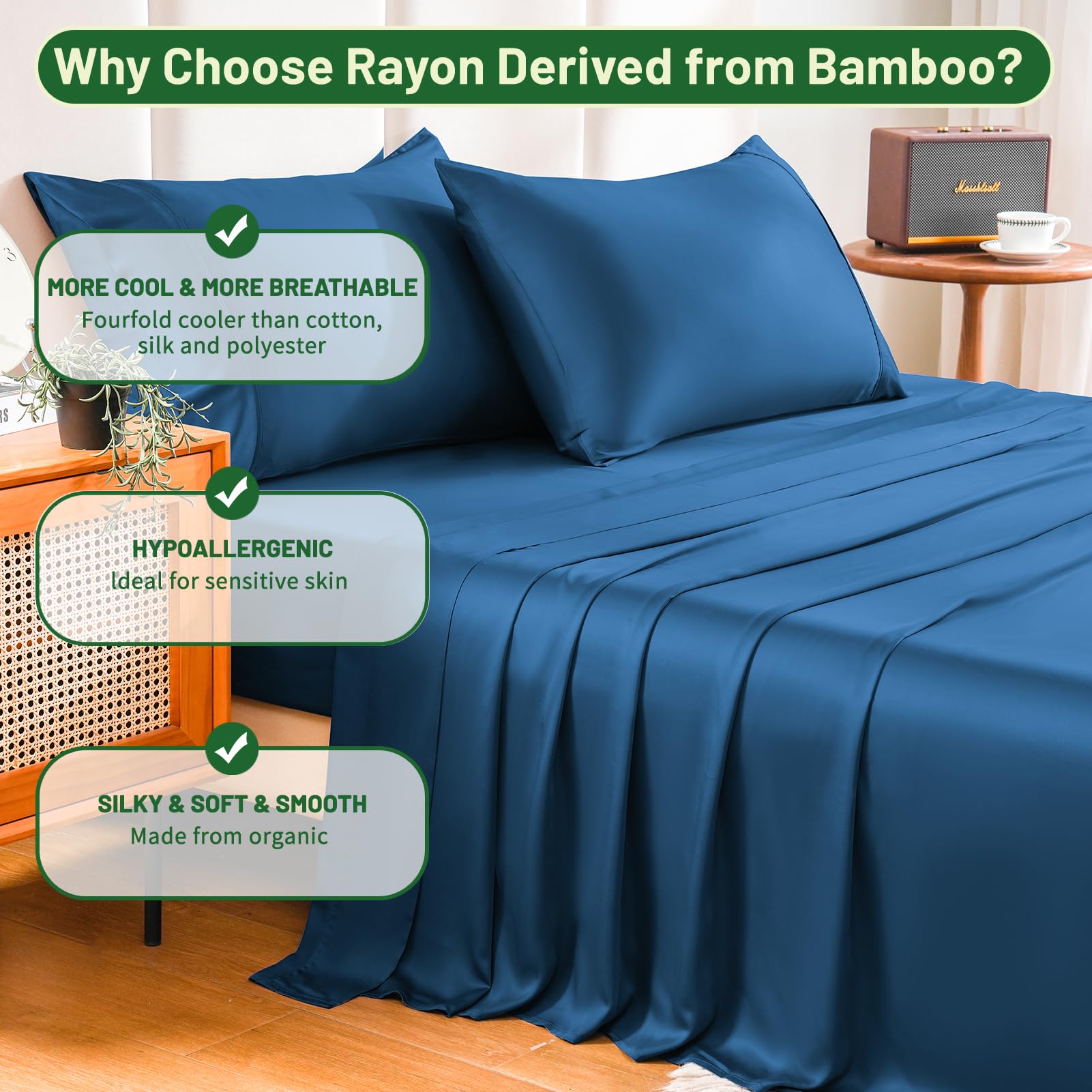 Bedlifes King Size Sheet Set Cooling Sheets Rayon Derived from Bamboo-400TC Breathable Luxury Bed Sheets,Sateen Silky Bedding Sheets-16 Deep Pocket Ultra Soft 4 Pieces(Navy Blue,King)