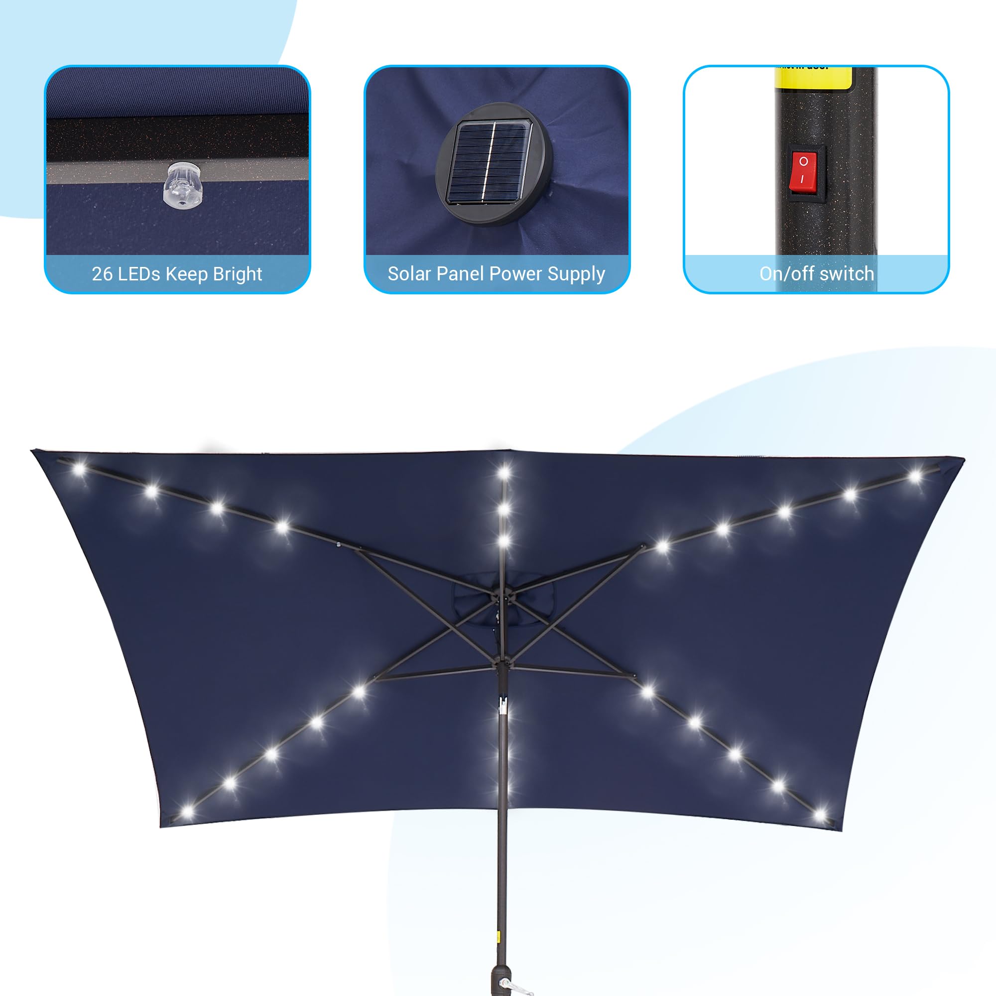 Rectangle Patio Umbrella with Solar Lights, 10x6.5ft Rectangular Umbrella Outdoor Patio