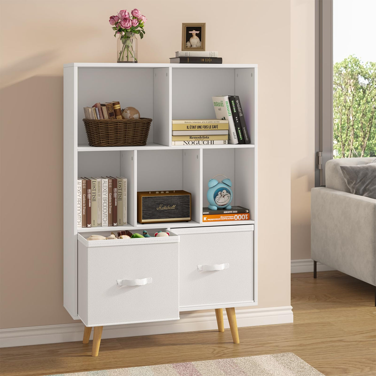 3-Tier Mid-Century Modern Wood Bookcase,White Minimalist 7-Cube Bookshelf