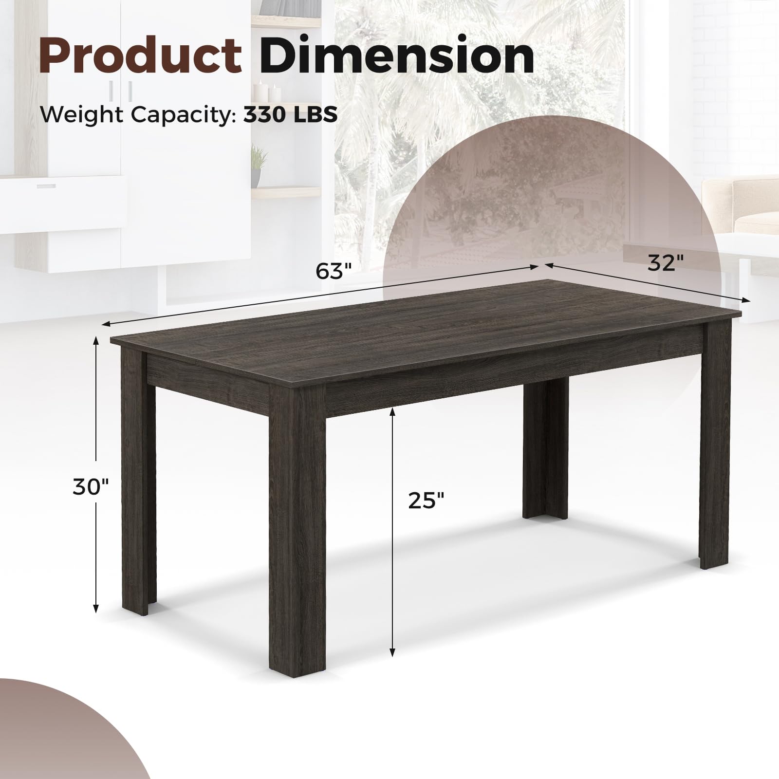 63 Inch Rectangular Dining Table for 4-6 People