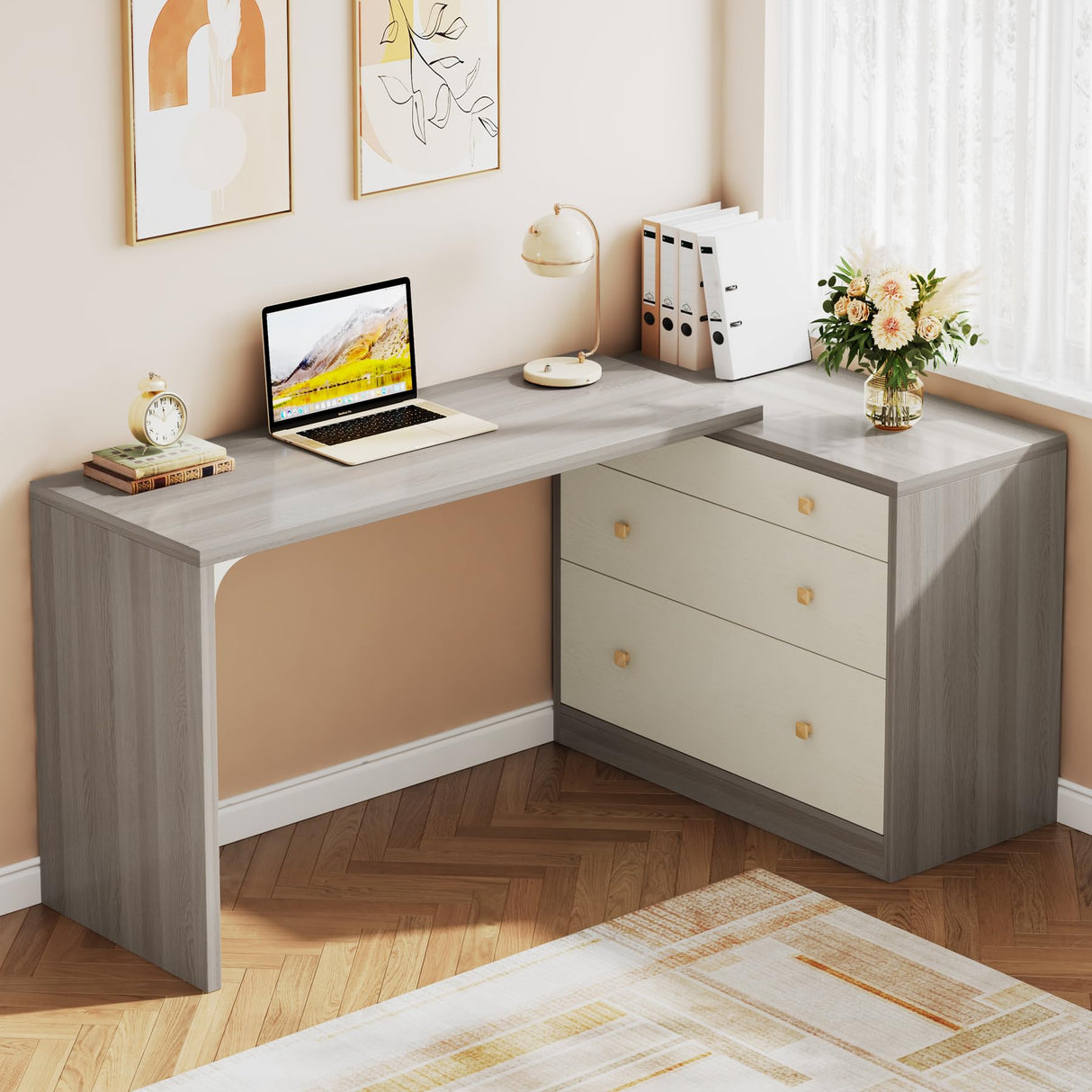 Shaped Desk with Drawers, 63" Corner Computer Desk with File Cabinet,