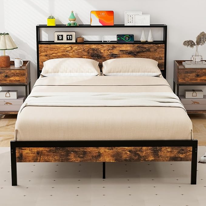 Queen Bed Frame with 2-Tier Storage Headboard, Industrial Metal Platform Bed