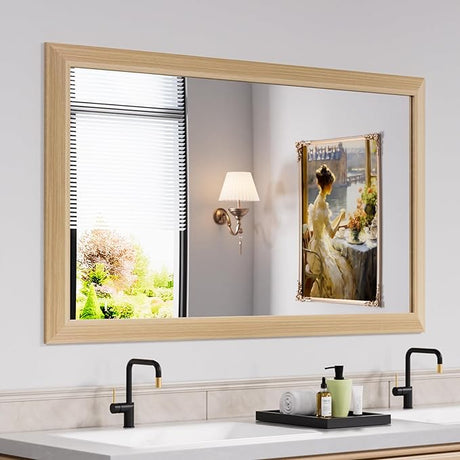 Bathroom Mirror, 48x36 Inch Wall Mirror, Oak Wood Grain Metal Framed, Anti-Rust