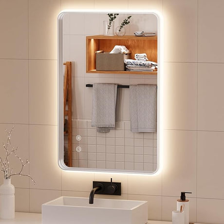 24" x 32" LED Bathroom Mirror with Lights, Rounded Rectangle Silver Frame Embedded