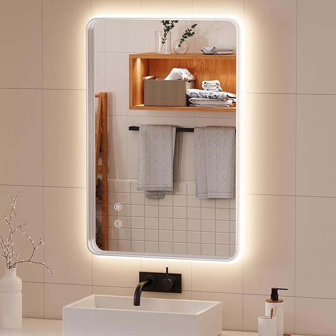 LED Bathroom Mirror with Lights, Rounded Rectangle Silver Frame Embedded