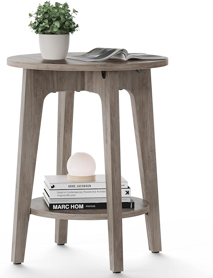 Side Table, Small Round End Table with Lower Shelf, Nightstand for Small Spaces