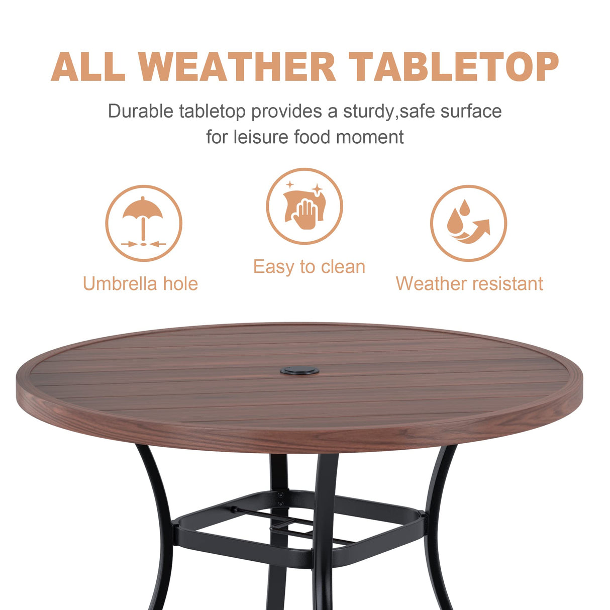 Round Patio Dining Table, 42 inch Metal Outdoor Dining Table with Umbrella Hole