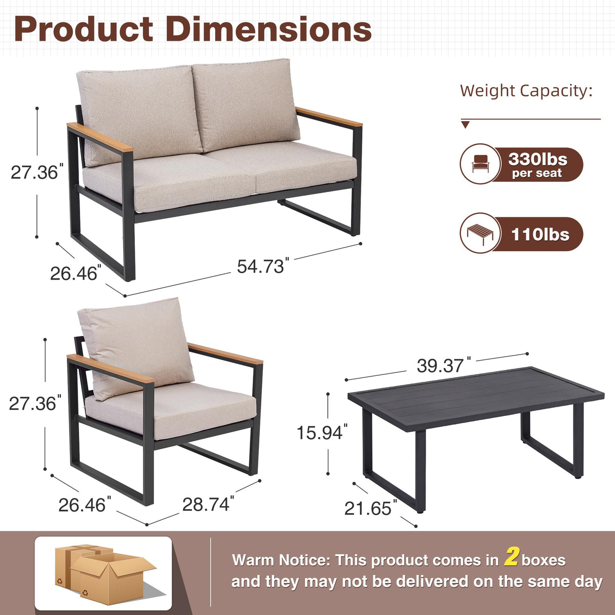 4 Pieces Outdoor Patio Furniture with Table Set, Metal Patio Conversation Sets