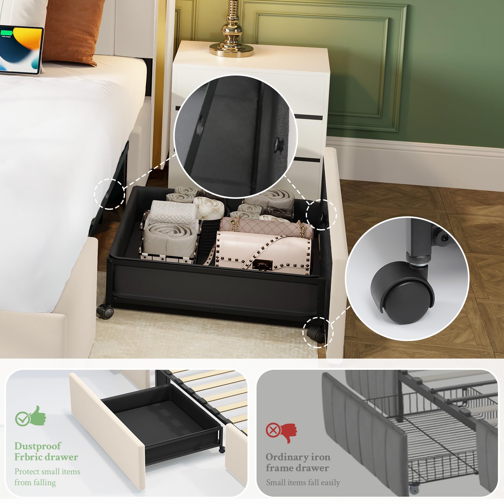 Queen Platform Bed Frame with Storage Drawers & LED Headboard