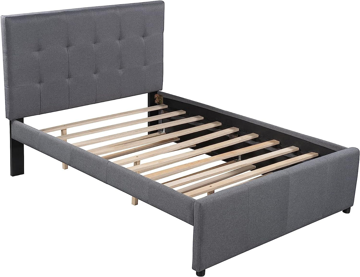 Upholstered Full Size Platform Bed with Trundle for Kids Bedroom,Linen Fabric Bedframe