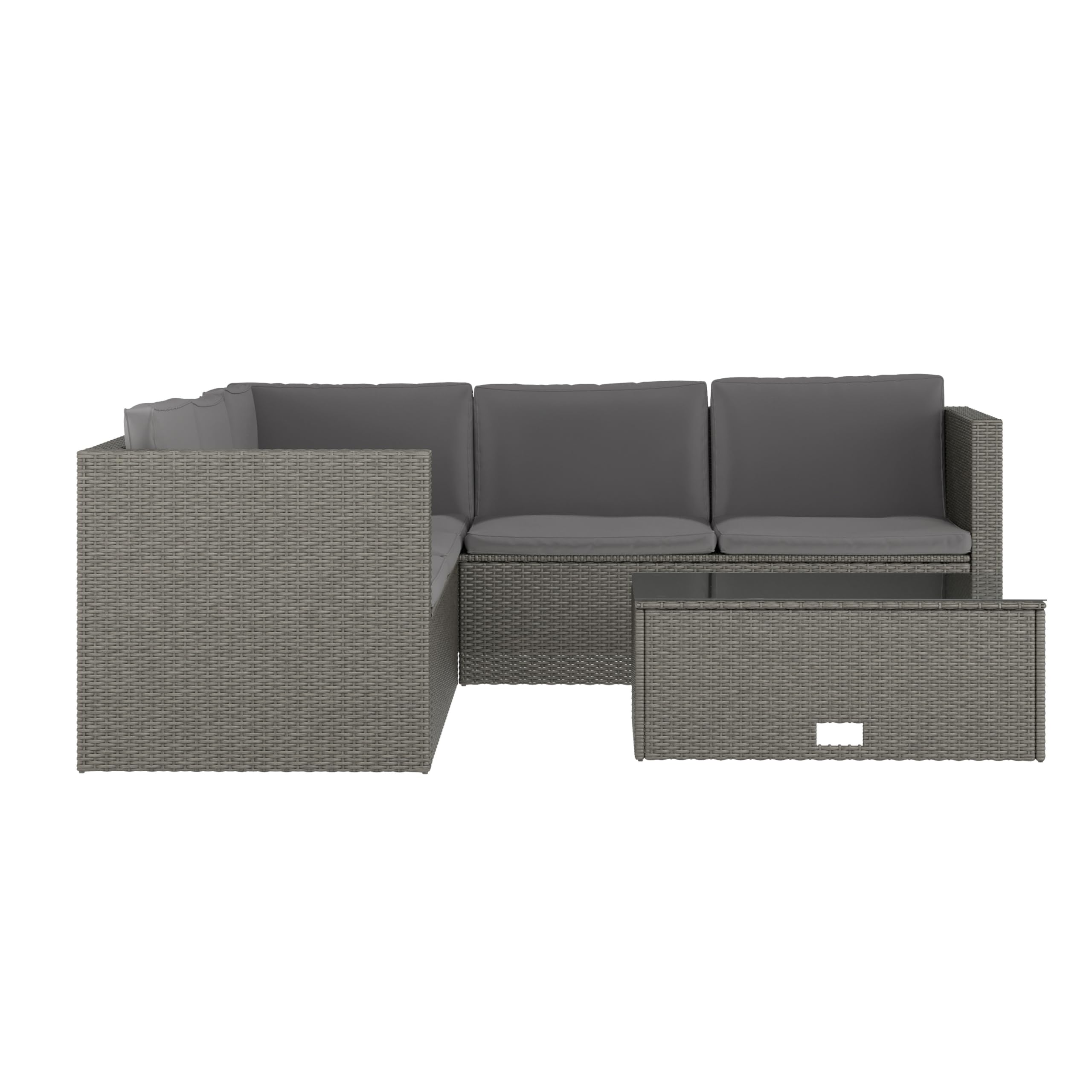 EMMA + OLIVER Beal Outdoor Sectional Couch with Table, All-Weather PE Rattan Frame, Side Lift Storage Coffee Table, Back and Seat Cushions, Gray/Gray