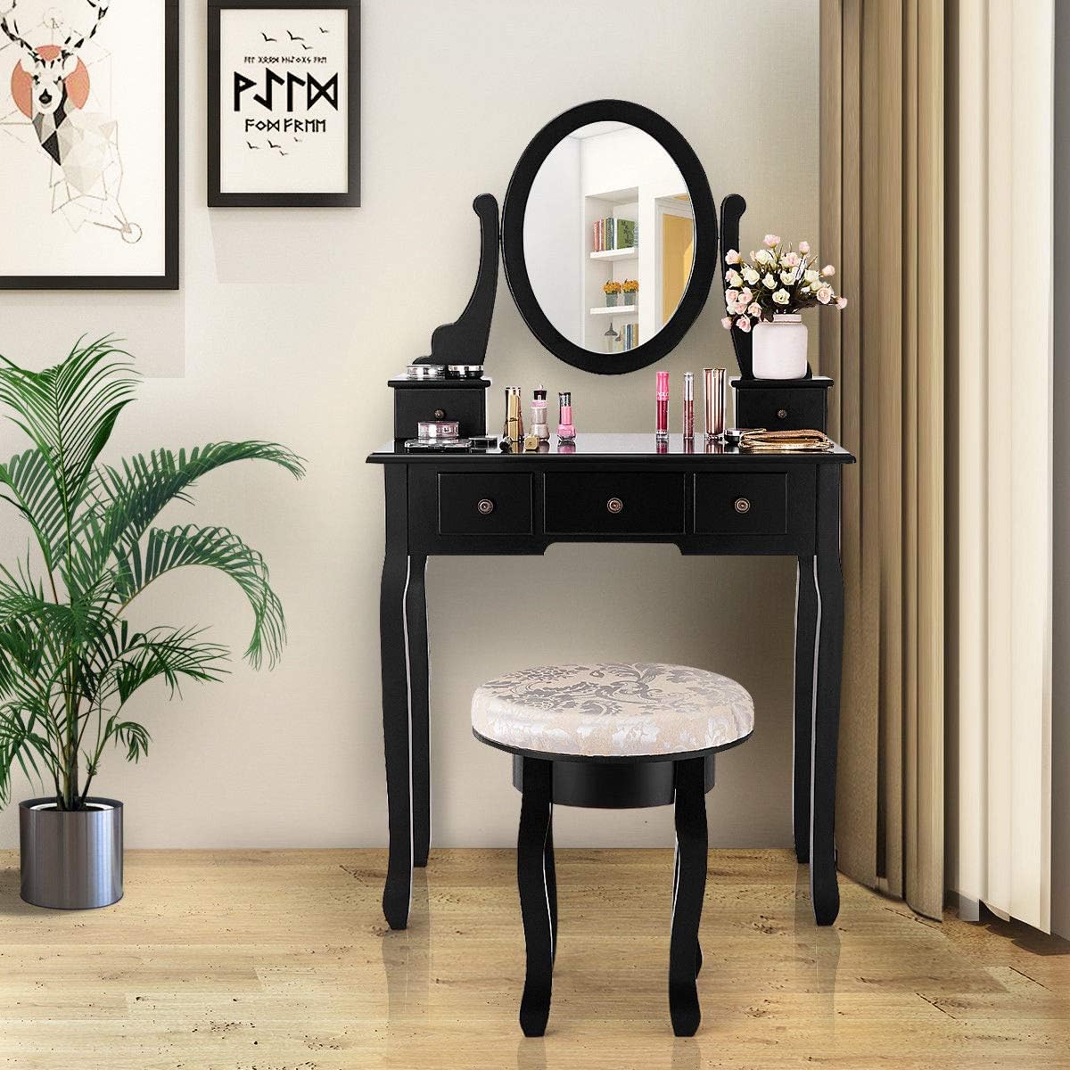 Makeup Table Set Bedroom Furniture with Cushioned Padded Stool & 5 Drawer Round 360 Degree Rotation Swivel Mirror Dressing Table Stool Wooden Vanity Set (Black with 5 Drawer)