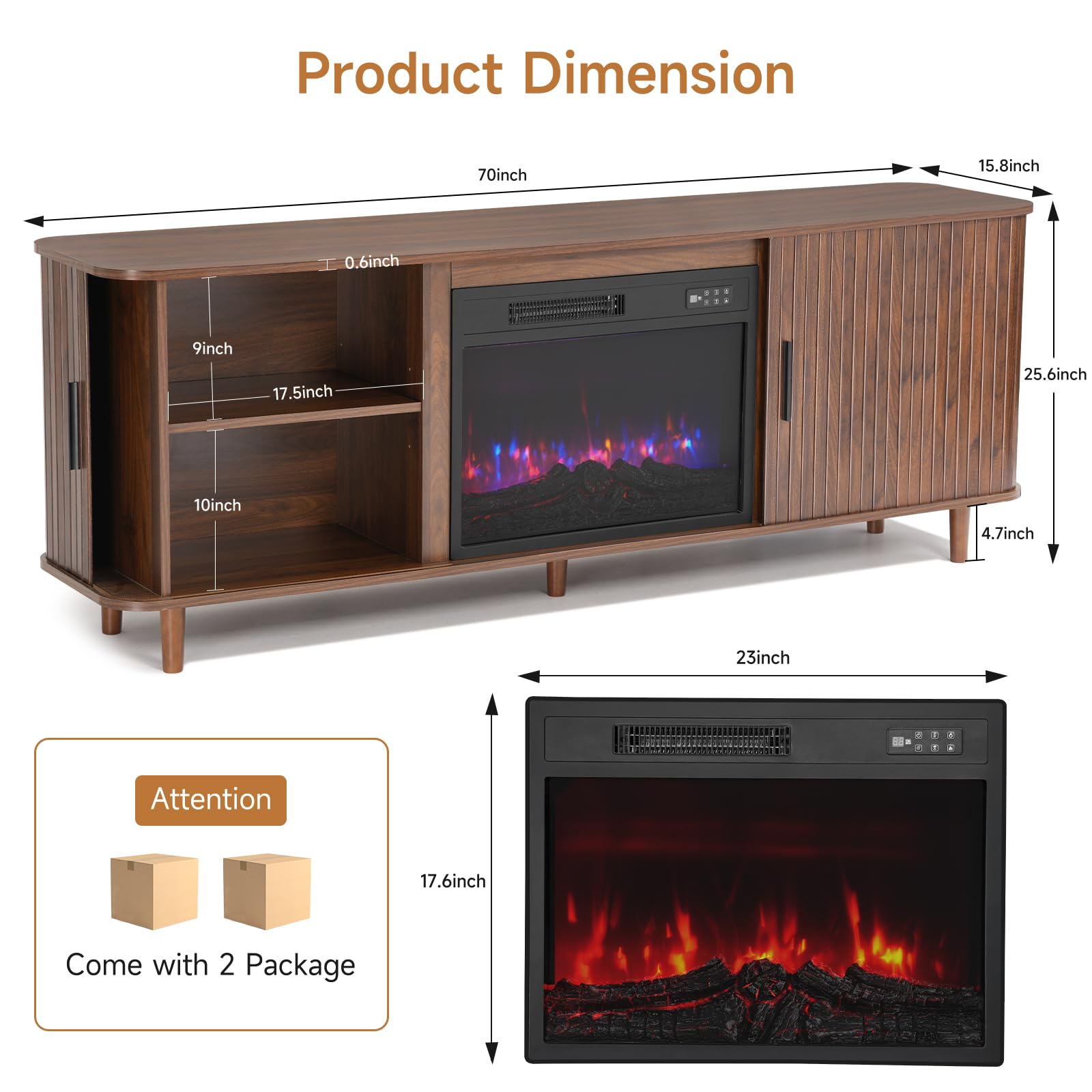 70" TV Stand with Electric Fireplace for TVs up to 80"