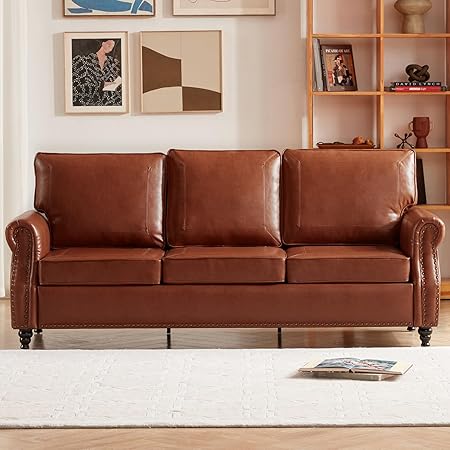 79'' Traditional Faux Leather Sofa Couch with Nailhead Trim, Classic 3-Seater Couch