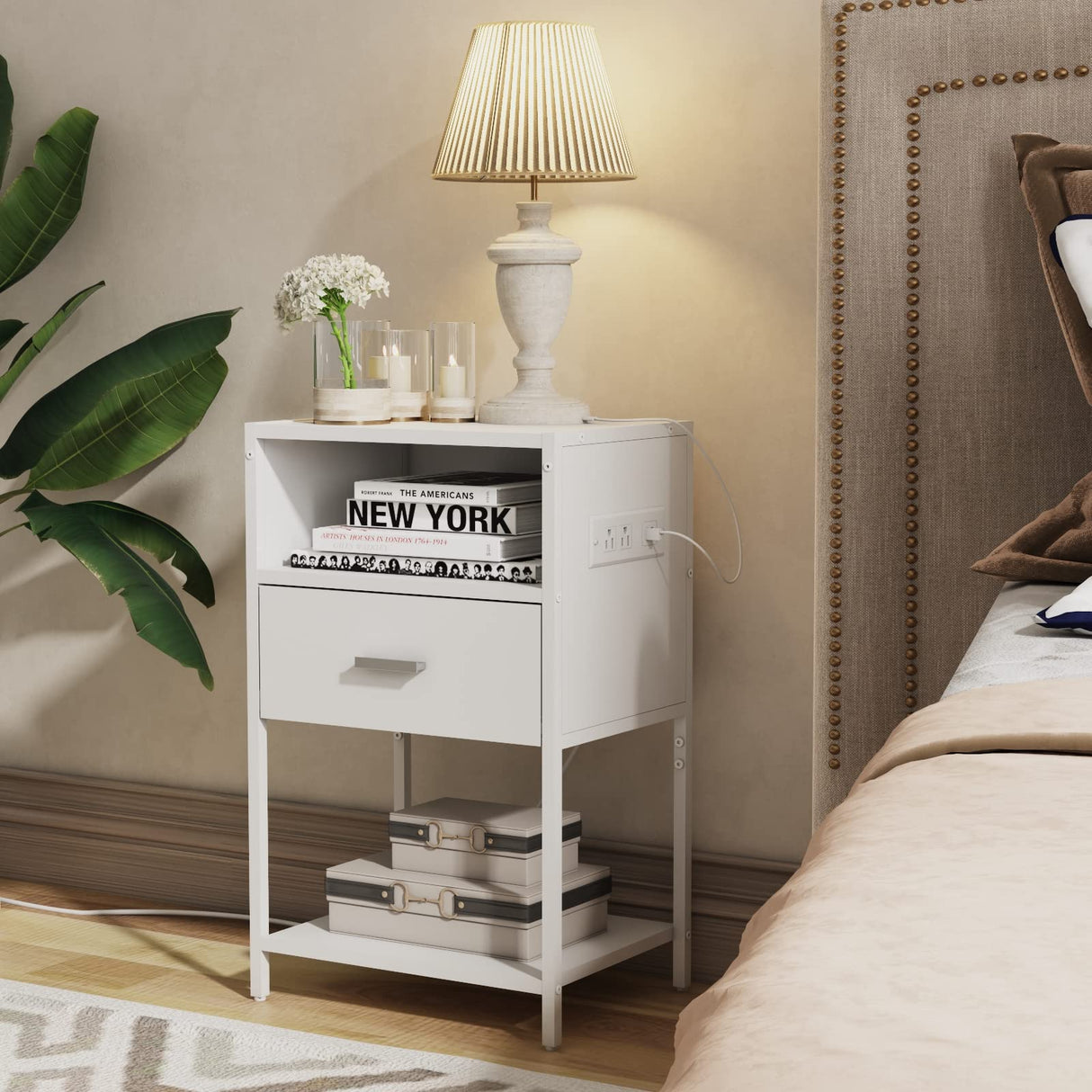 Nightstand with Charging Station, Modern End Table with Drawer, White Bedside Table