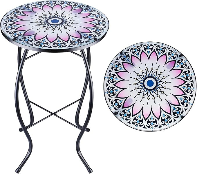Sunflower Outdoor Side Table, Mosaic Design, Small Glass Top, Round, Patio Side Table