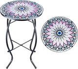 Sunflower Outdoor Side Table, Mosaic Design, Small Glass Top, Round, Patio Side Table