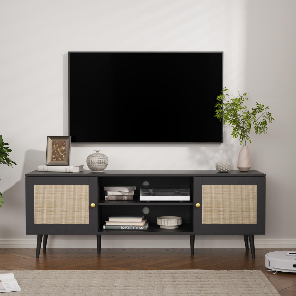 Rattan TV Stand for 55/65/70 inch TV, Boho 59" Entertainment Center with Storag