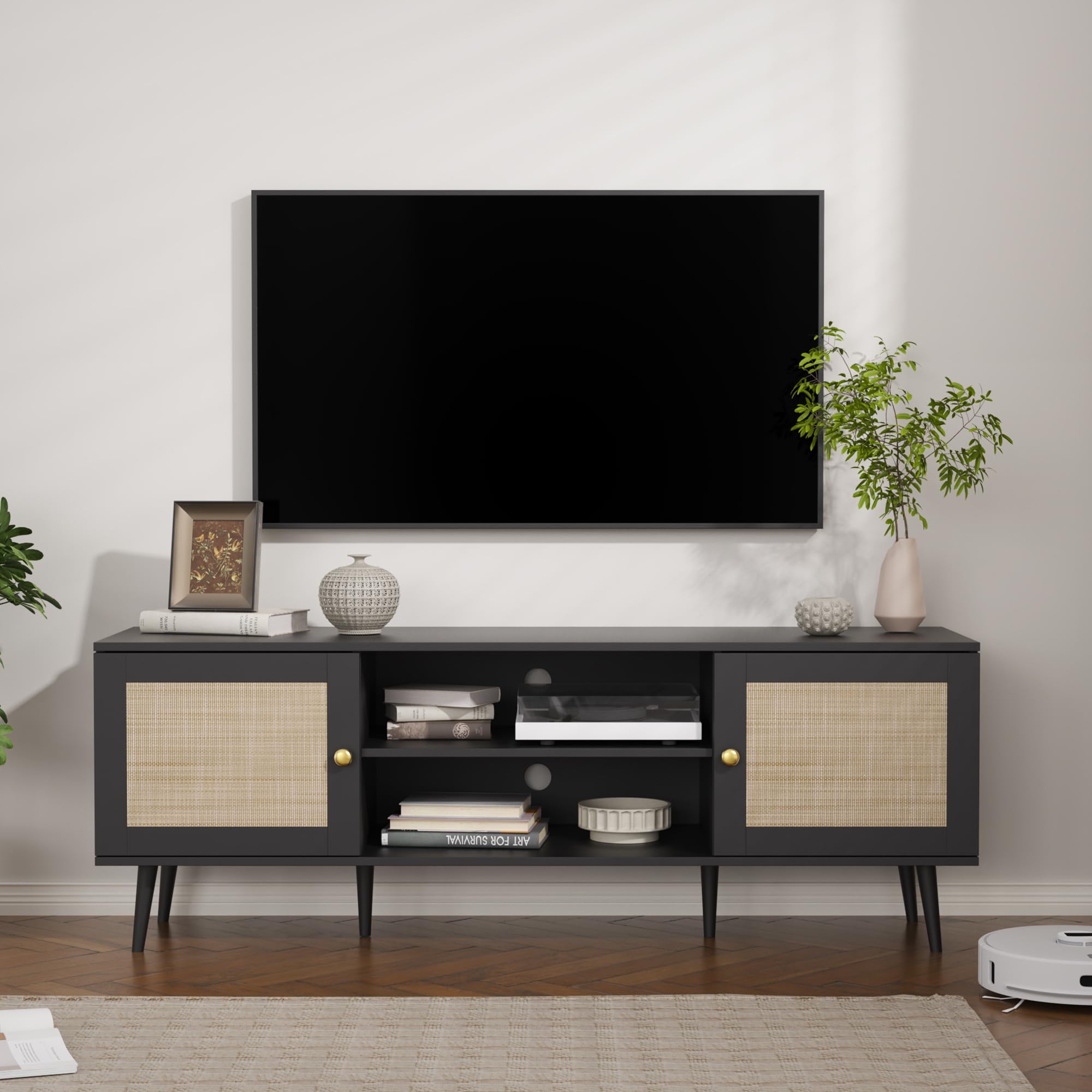 Rattan TV Stand for 55/65/70 inch TV, Boho 59" Entertainment Center with Storag