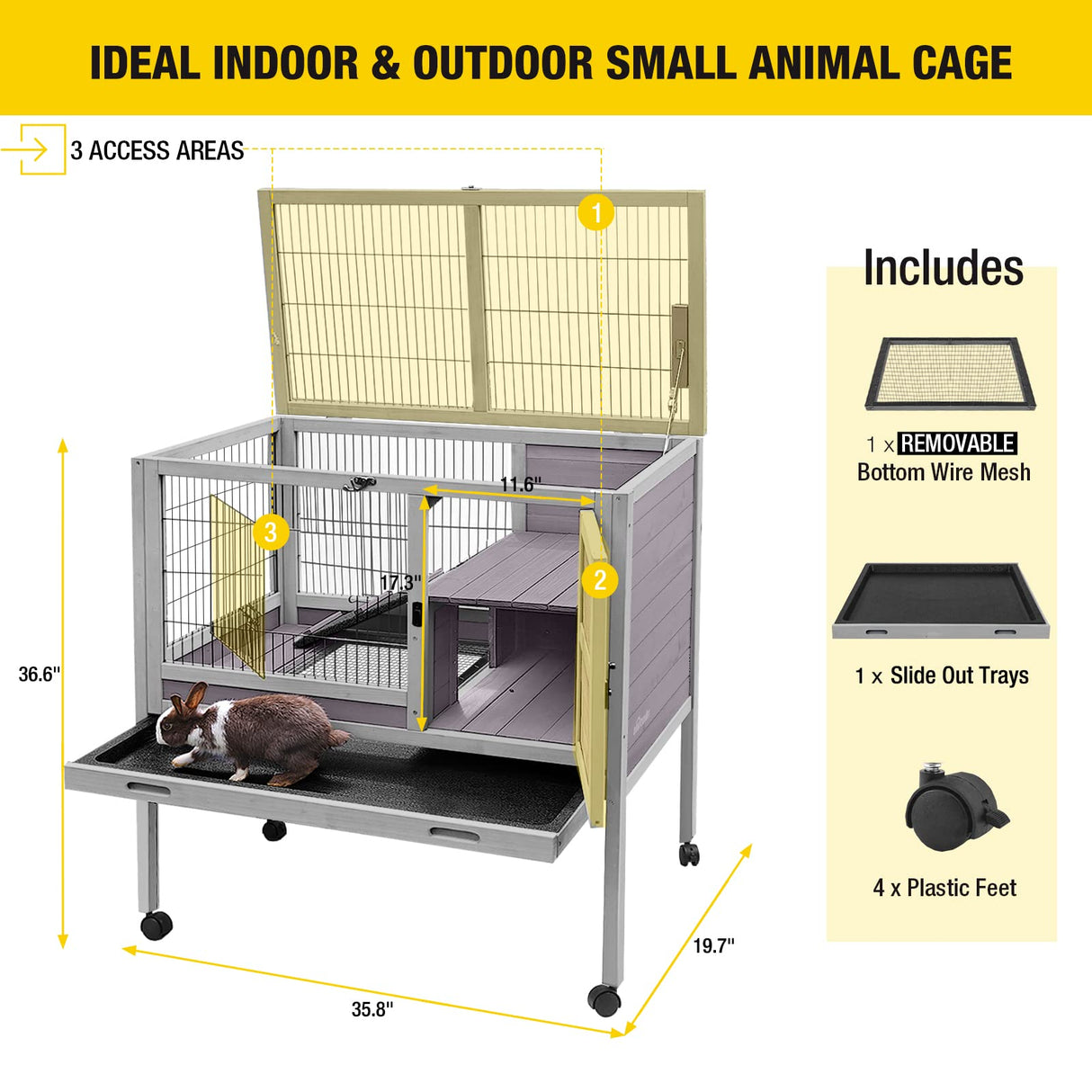 Rabbit Hutch Indoor Bunny Cage Wooden Guinea Pig House with Wire Floor, Wheels