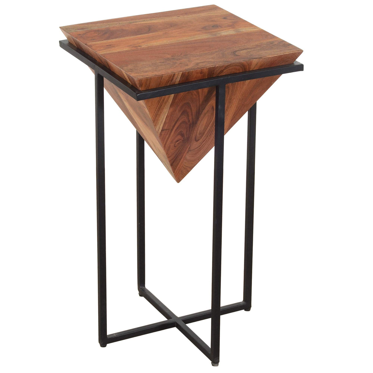 26-Inch Pyramid Shape Wooden Side Table with Cross Metal Base, Brown and Black
