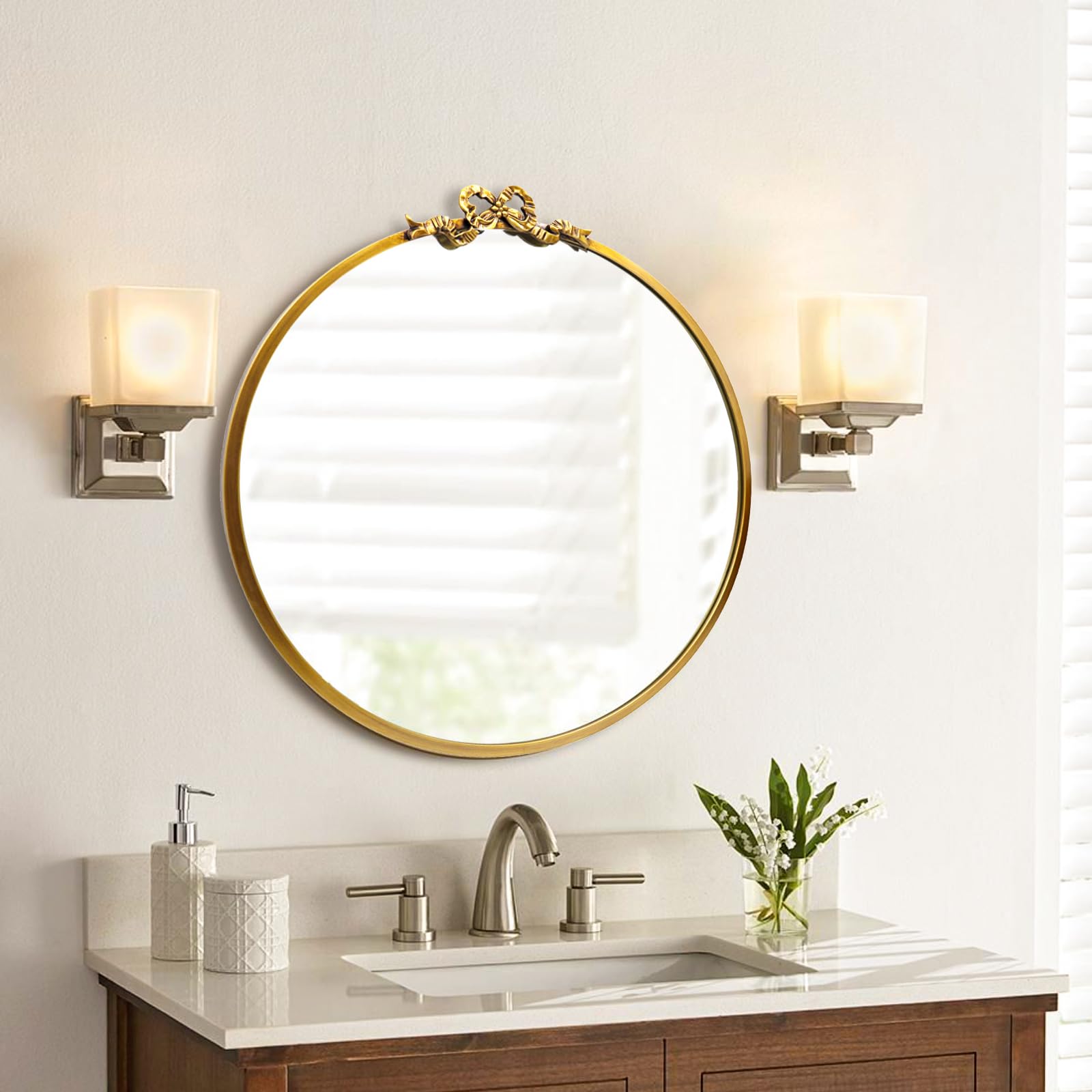 Round Mirror Gold Bathroom Vanity Mirrors 27.5inch Antique Metal Ornate Circle Wall
