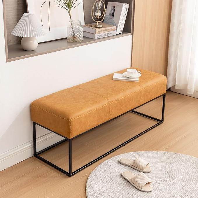 Leather Entryway Bench for Bedroom End of Bed, Modern Ottoman Bench with Faux