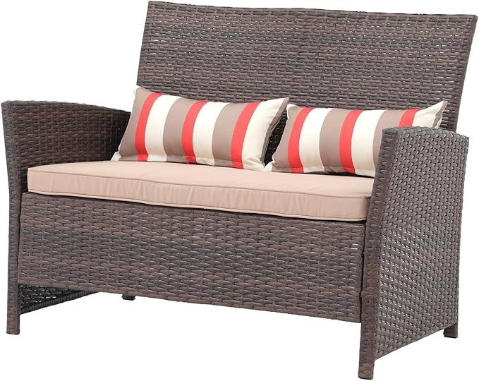 Outdoor Wicker Loveseat with Cushions, 2 Seats Patio PE Rattan Sofa