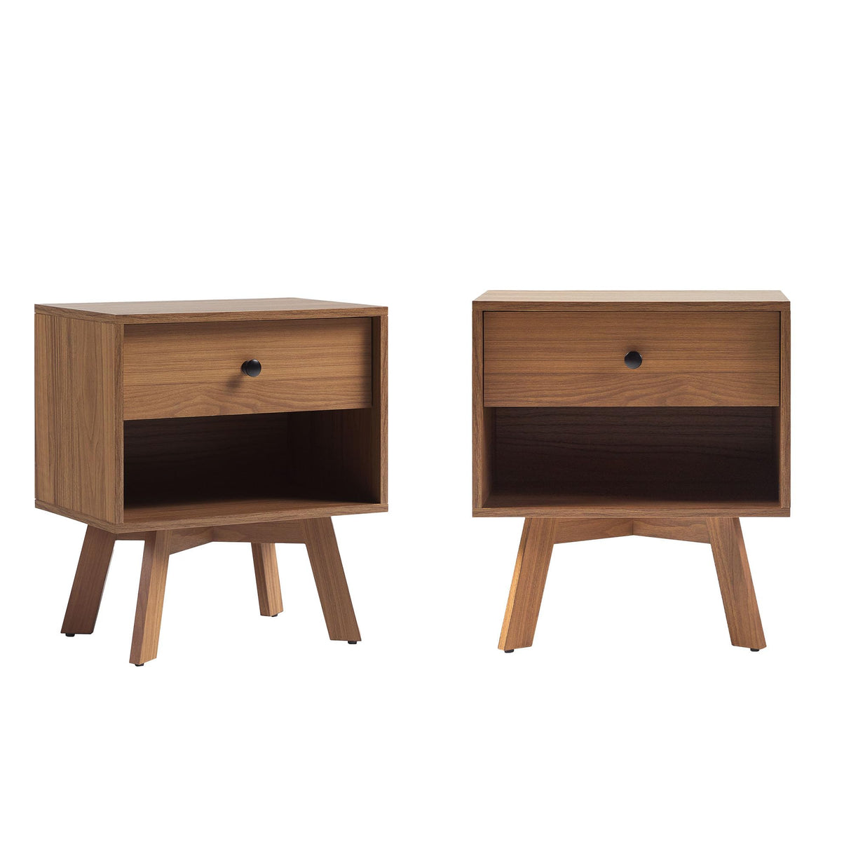 Walker Edison Mid-Century Modern 1-Drawer Nightstand Bedroom Storage Drawer and Shelf Bedside End Table, 21 Inch, Set of 2, Mocha