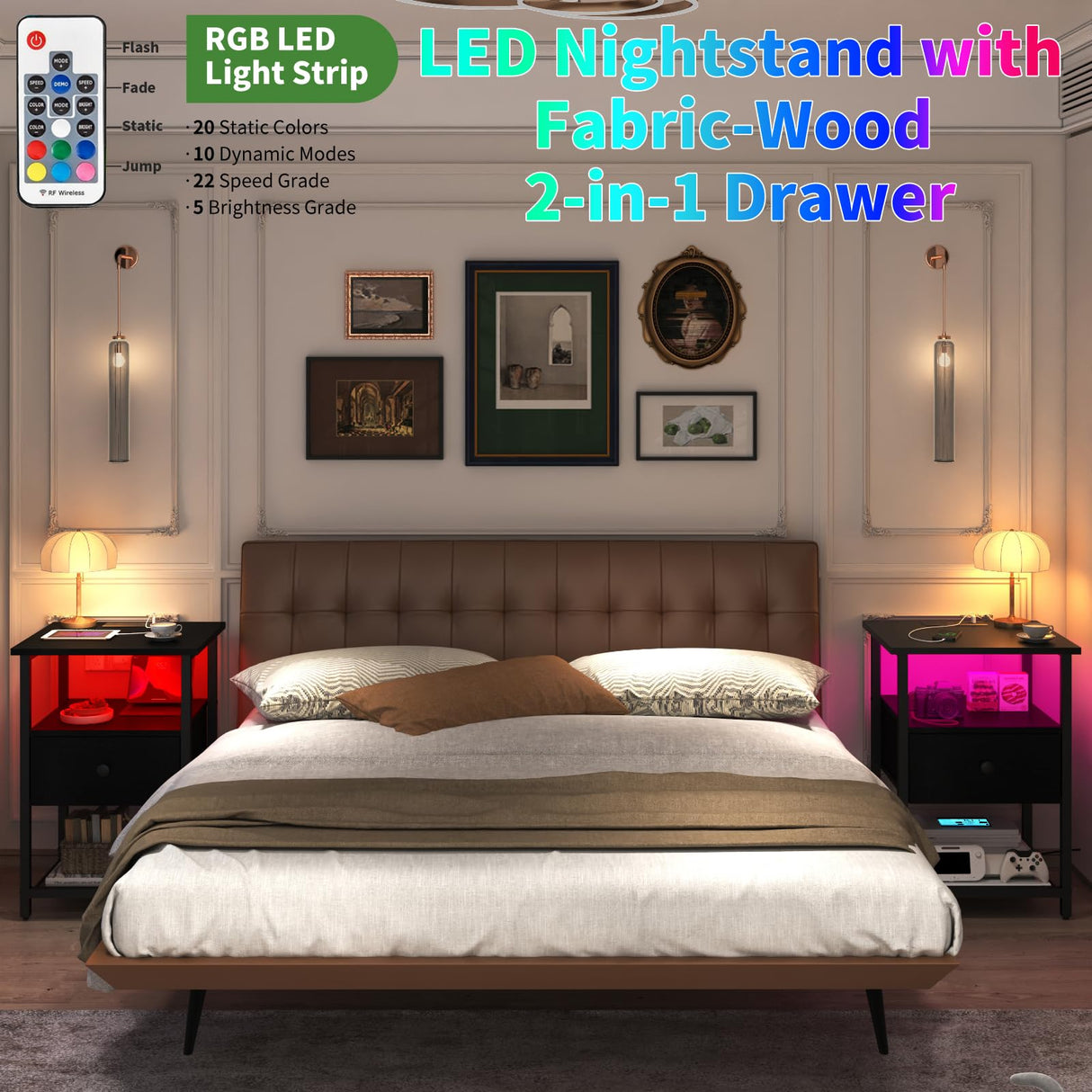 LED Nightstands set of 2 with Charging Station, Bedside Tables with USB Ports and Outlets