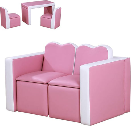 Kids Sofa Set 2-in-1 Multi-Functional Toddler Table Chair Set 2 Seat Couch Storage Box Soft