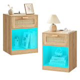 Rattan Nightstands Set of 2, Nightstands with Charging Station & LED Light, Night Stands