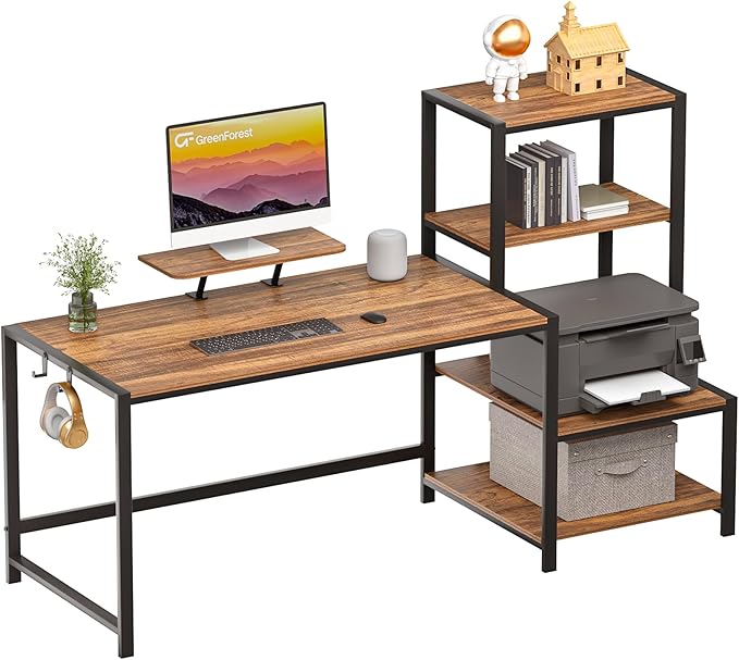 Office Desk 58 inch with Printer Shelf, Reversible Computer Desk with Movable Monitor