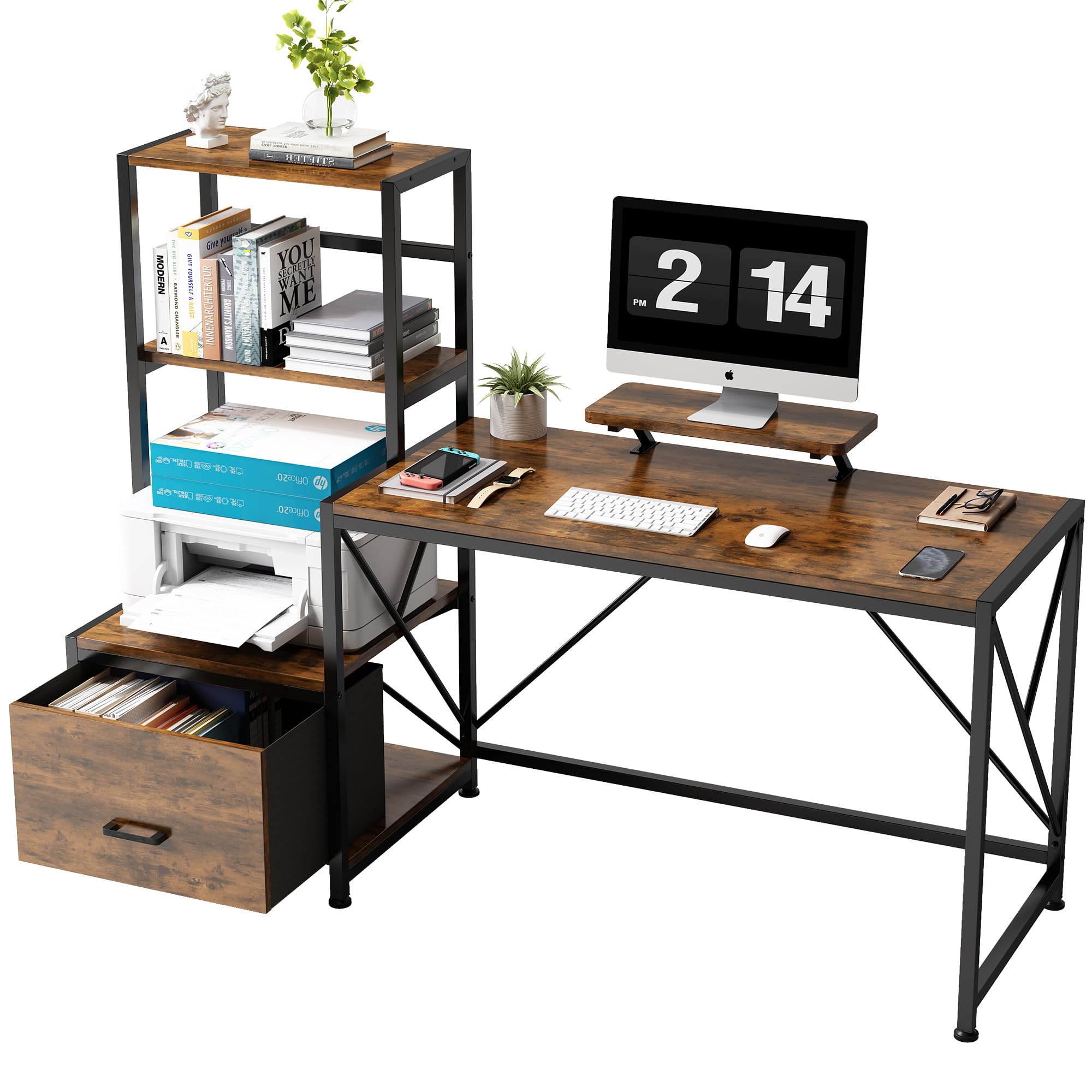 Desks 58 inch with Drawer & Storage Printer Shelf, Reversible Computer Desk with Movable Monitor Stand, Writing Gaming Table with Shelves for Study PC Working, Vintage