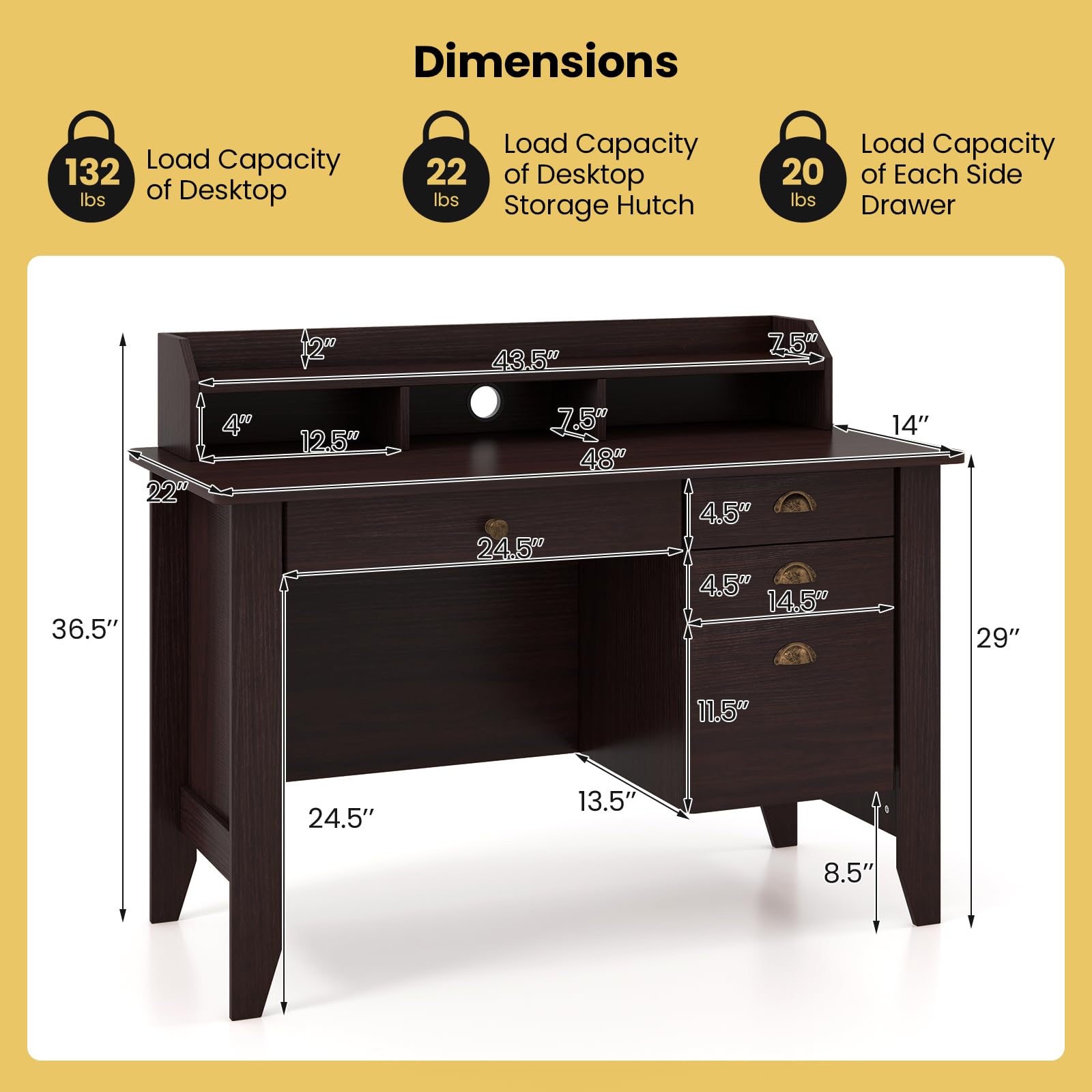 Computer Desk with 4 Storage Drawers & Hutch, Home Office Desk Vintage Desk