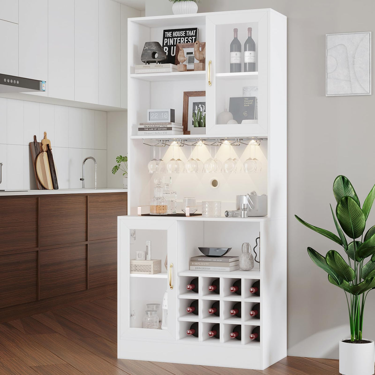 Wine Bar Cabinet with LED Light and Wine Glass Holder, Kitchen Pantry Cabinet