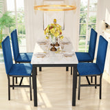4-Piece Dining Table Set with Faux Marble Top and Blue Velvet Chairs
